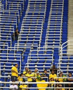 A sea of blue chairs in the stadium